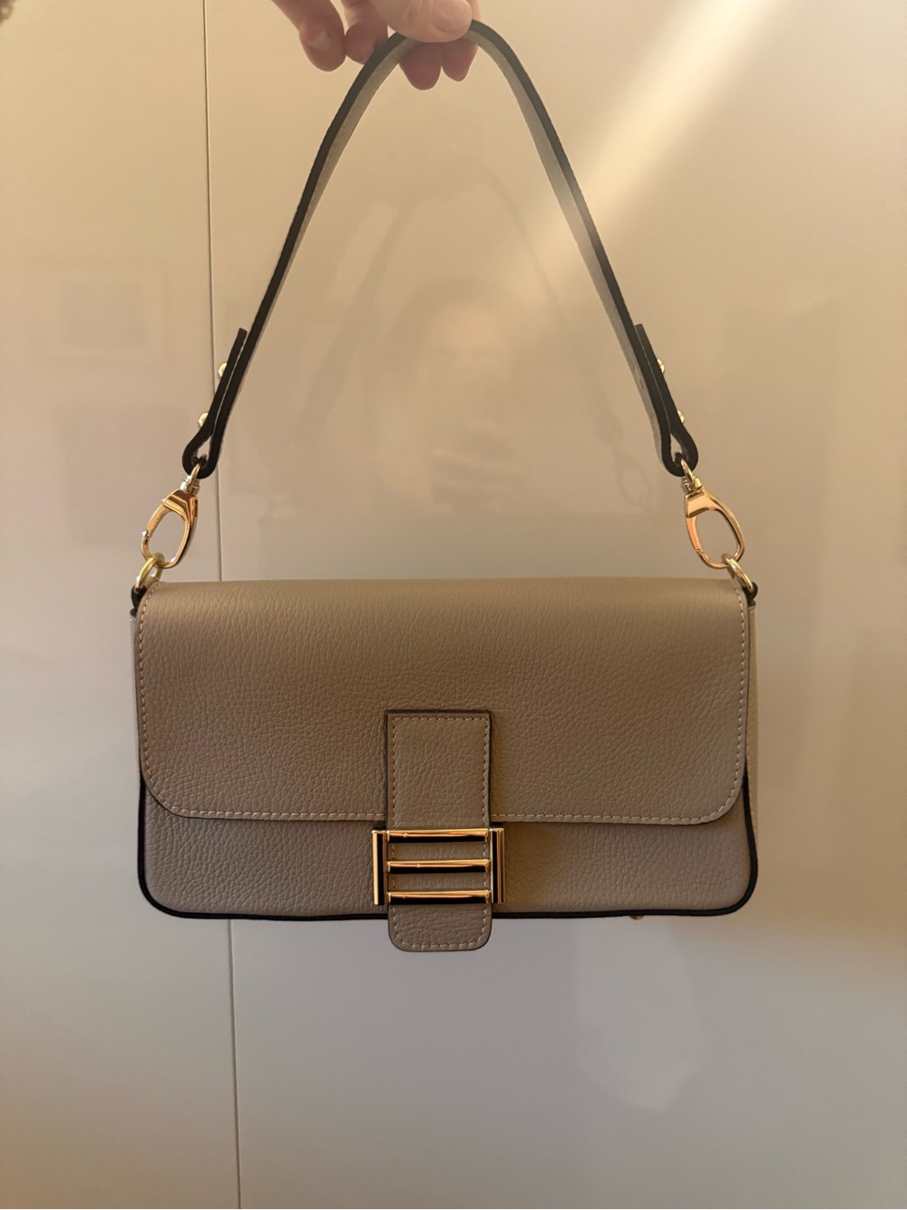 Taupe Leather Shoulder Bag with Gold Hardware